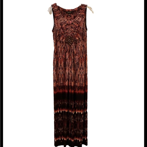 R&M Richards Boho Maxi Dress Sz 8 Rust/Black Southwest Beaded Sleeveless NWOT - Picture 1 of 7